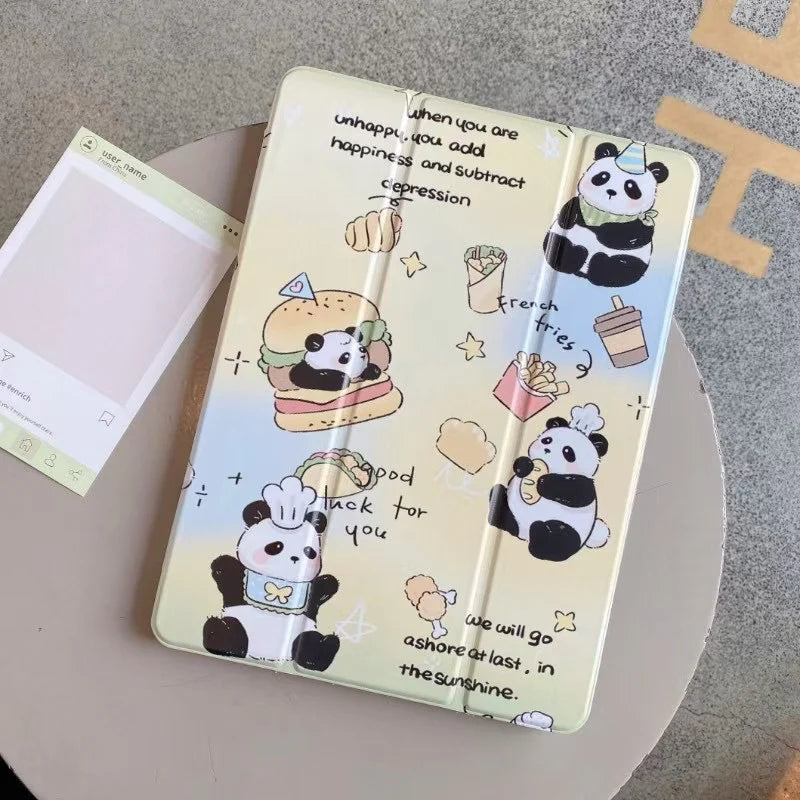 Cute Panda Foodie iPad Case – Cartoon Stand Case with Quotes & Magnetic Closure