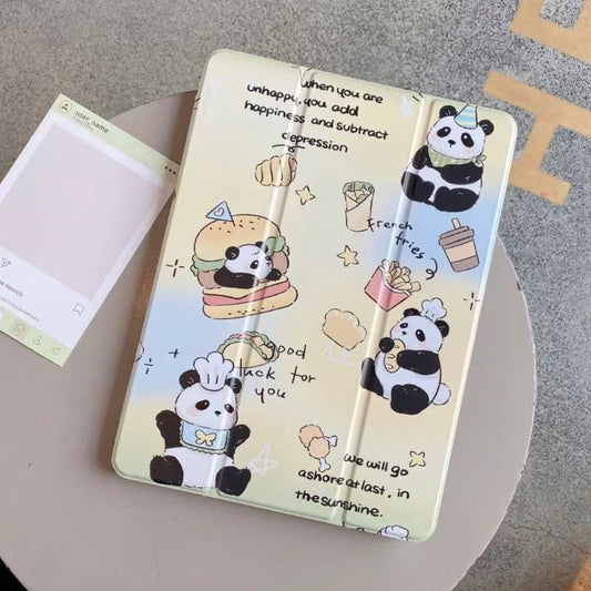 Cute Panda Foodie iPad Case – Cartoon Stand Case with Quotes & Magnetic Closure