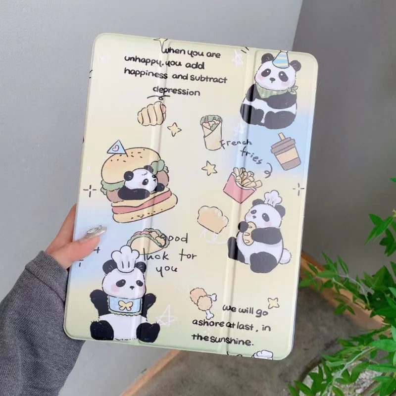 Cute Panda Foodie iPad Case – Cartoon Stand Case with Quotes & Magnetic Closure