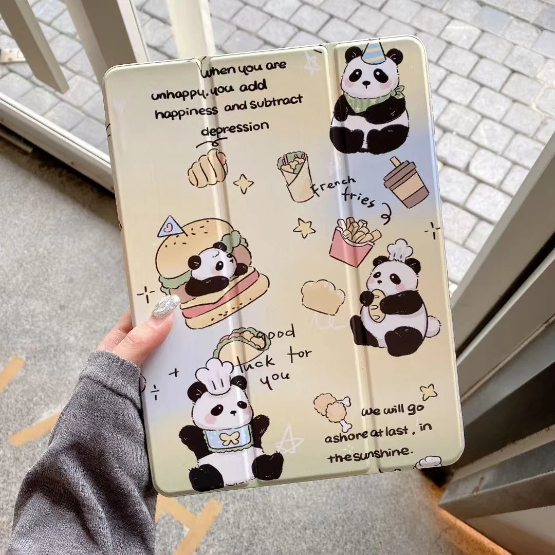 Cute Panda Foodie iPad Case – Cartoon Stand Case with Quotes & Magnetic Closure