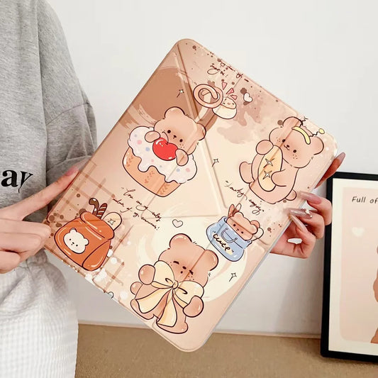Sweet Teddy Bear iPad Case – Cute Cartoon Cupcake & Bow Design with Foldable Stand