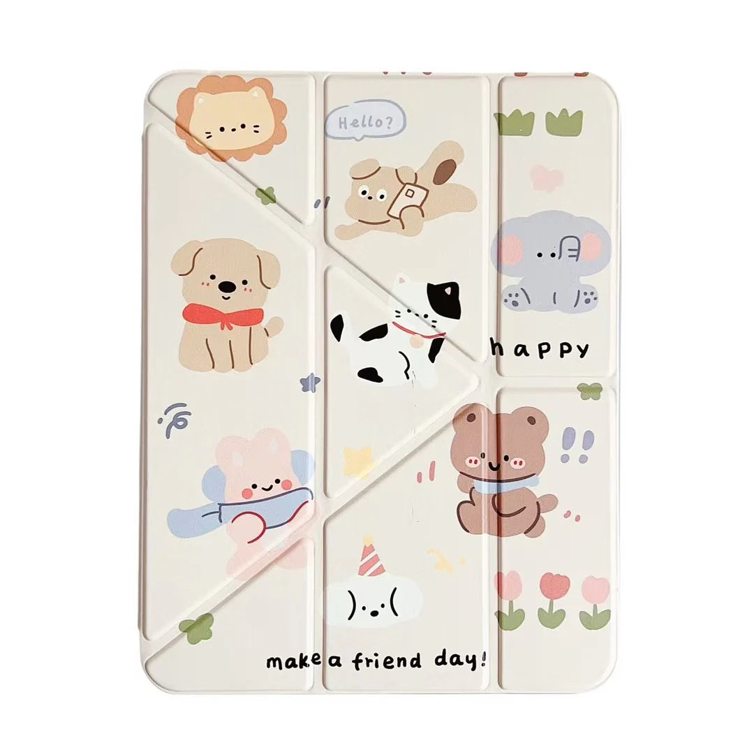 Make a Friend Day iPad Case – Cute Animal Cartoon Tri-Fold Stand Case