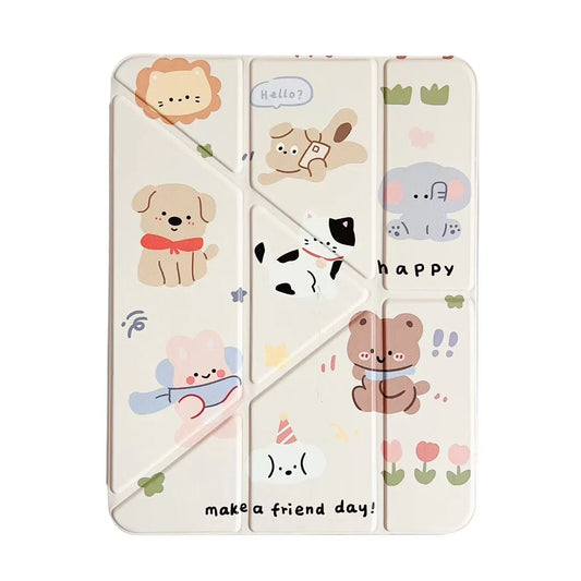 Make a Friend Day iPad Case – Cute Animal Cartoon Tri-Fold Stand Case