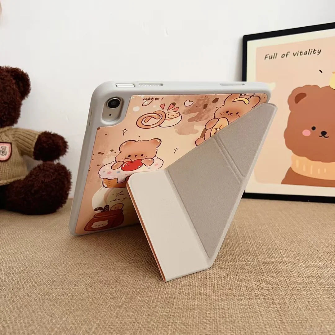 Sweet Teddy Bear iPad Case – Cute Cartoon Cupcake & Bow Design with Foldable Stand