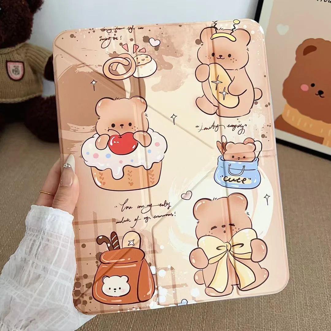 Sweet Teddy Bear iPad Case – Cute Cartoon Cupcake & Bow Design with Foldable Stand