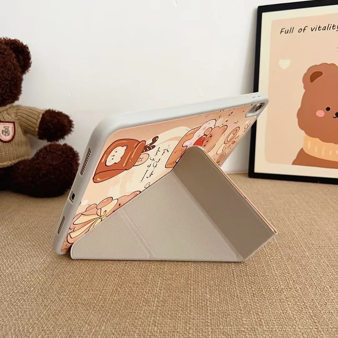 Sweet Teddy Bear iPad Case – Cute Cartoon Cupcake & Bow Design with Foldable Stand