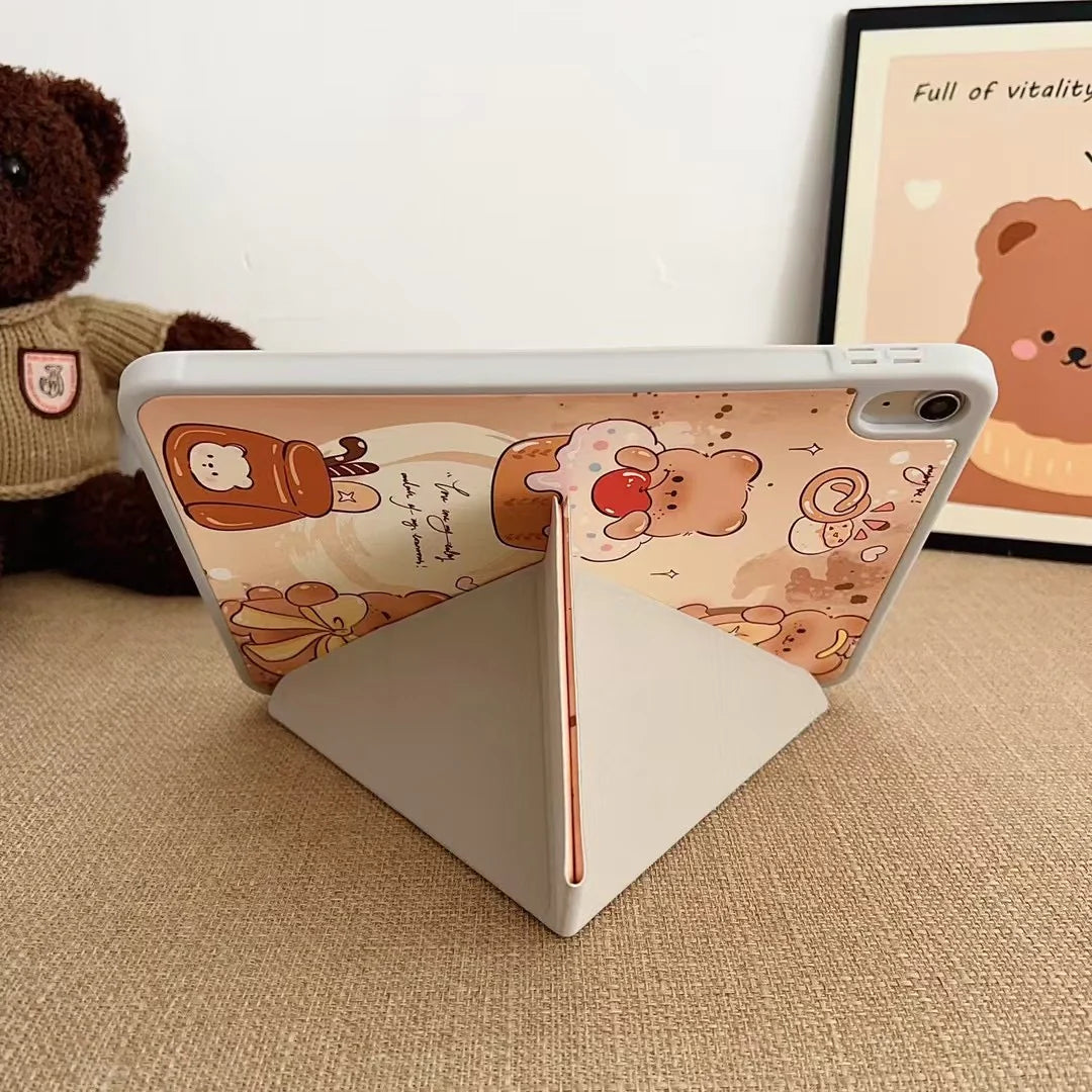 Sweet Teddy Bear iPad Case – Cute Cartoon Cupcake & Bow Design with Foldable Stand