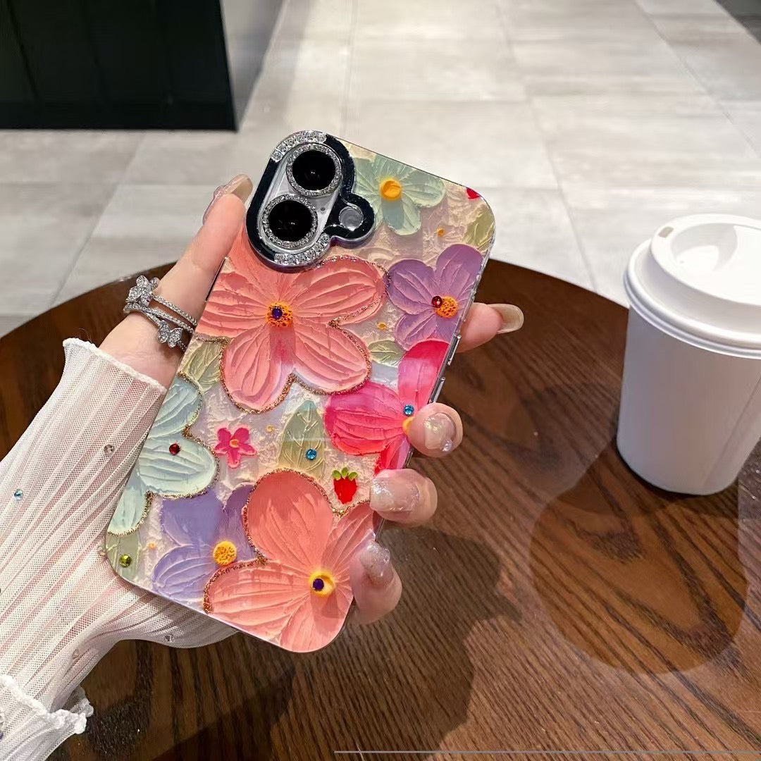3D Floral Embossed iPhone Cases With Rhinestone Camera Ring