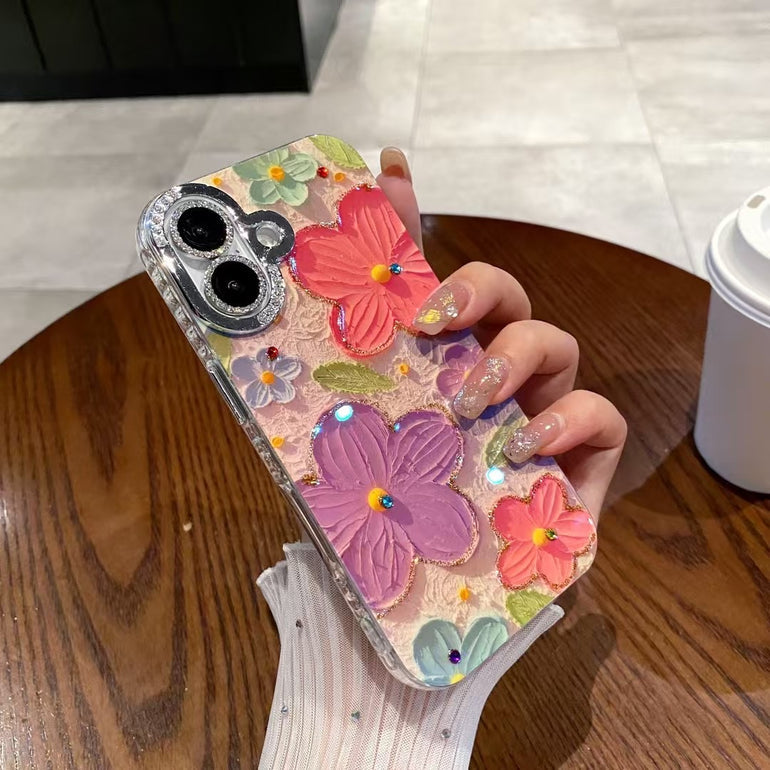 3D Floral Embossed iPhone Cases With Rhinestone Camera Ring