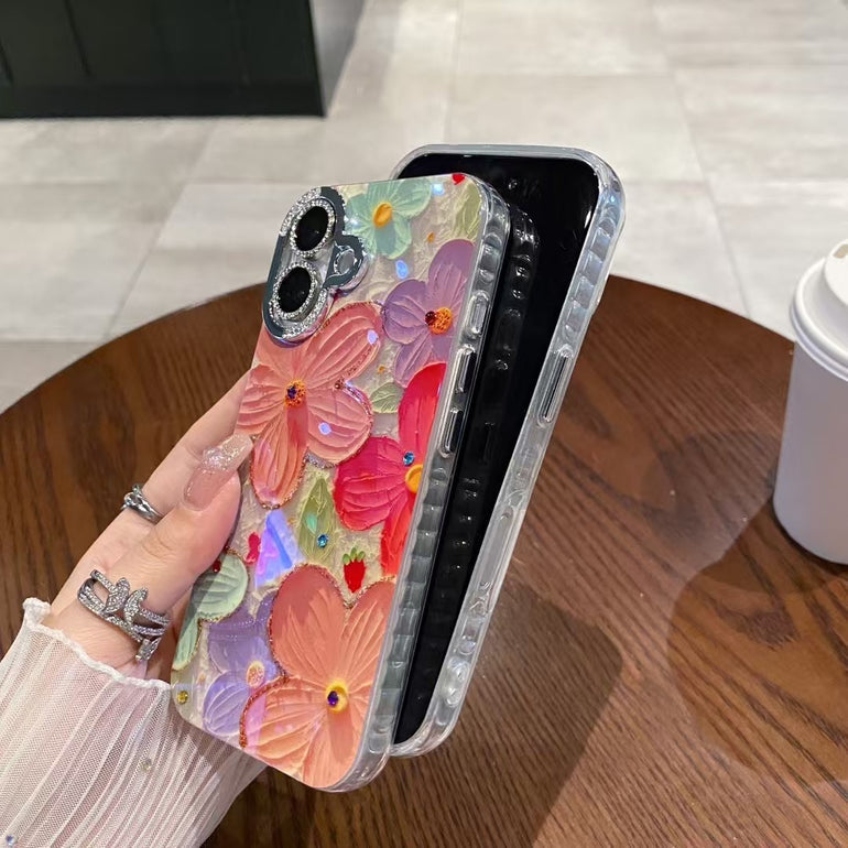 3D Floral Embossed iPhone Cases With Rhinestone Camera Ring