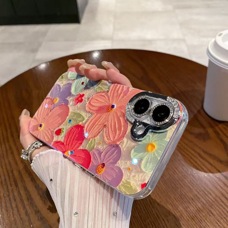3D Floral Embossed iPhone Cases With Rhinestone Camera Ring