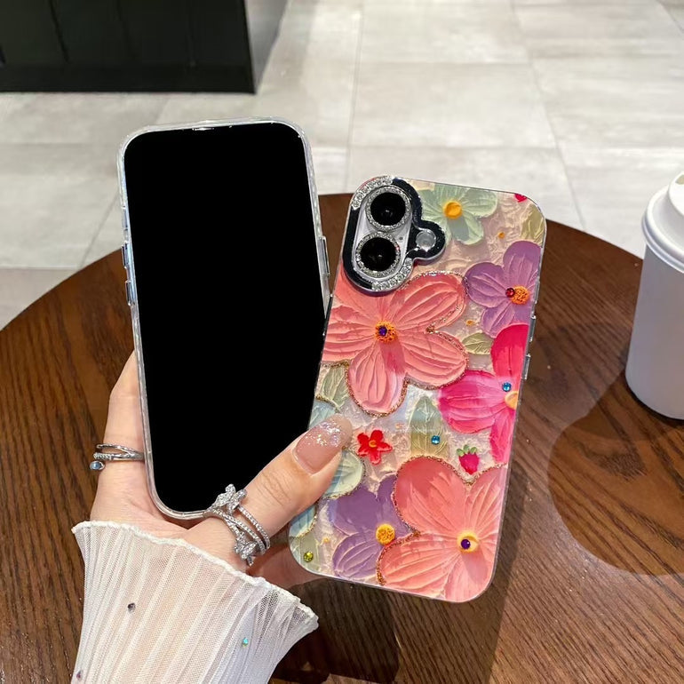 3D Floral Embossed iPhone Cases With Rhinestone Camera Ring