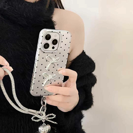 Dotted Bows Silicon Case For iPhone With Rhinestone Hand Bracelet And Bow Charm