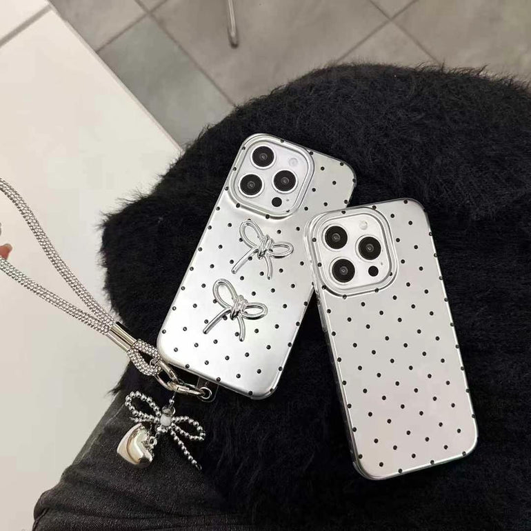 Dotted Bows Silicon Case For iPhone With Rhinestone Hand Bracelet And Bow Charm