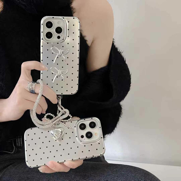 Dotted Bows Silicon Case For iPhone With Rhinestone Hand Bracelet And Bow Charm