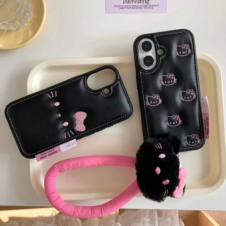Kitty Leather Embossed Case For iPhone With Kitty String Holder
