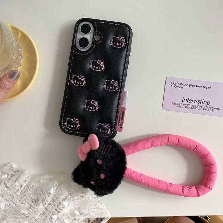 Kitty Leather Embossed Case For iPhone With Kitty String Holder