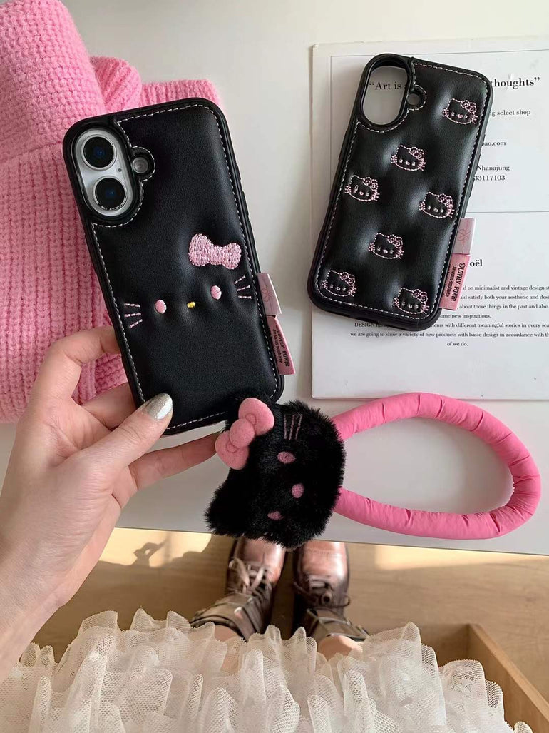 Kitty Leather Embossed Case For iPhone With Kitty String Holder