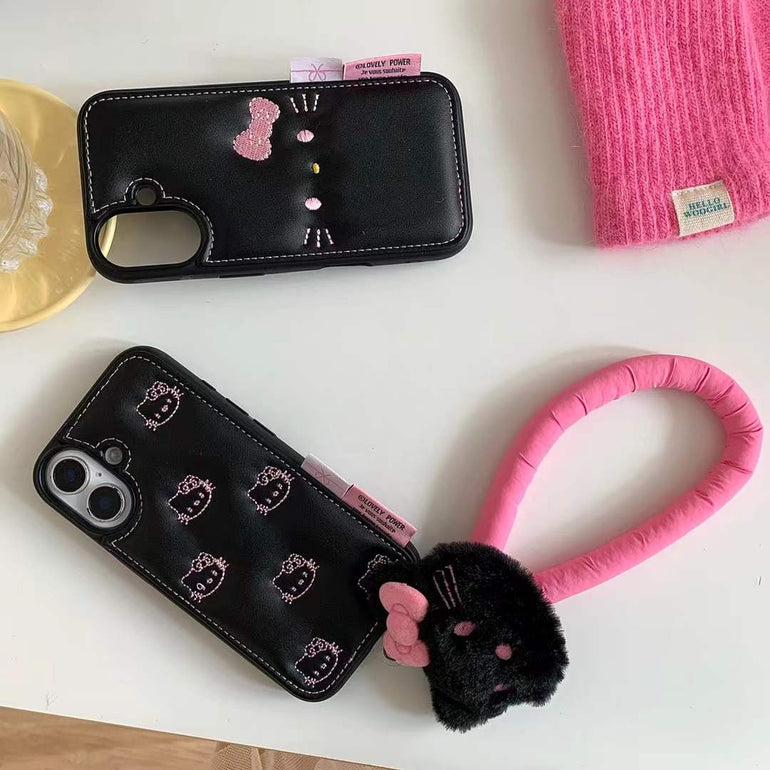 Kitty Leather Embossed Case For iPhone With Kitty String Holder