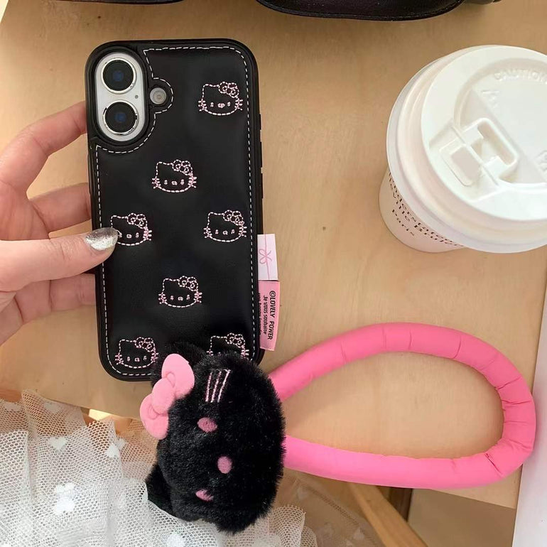 Kitty Leather Embossed Case For iPhone With Kitty String Holder
