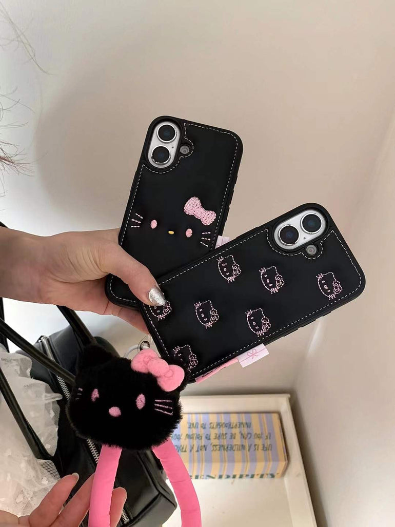 Kitty Leather Embossed Case For iPhone With Kitty String Holder
