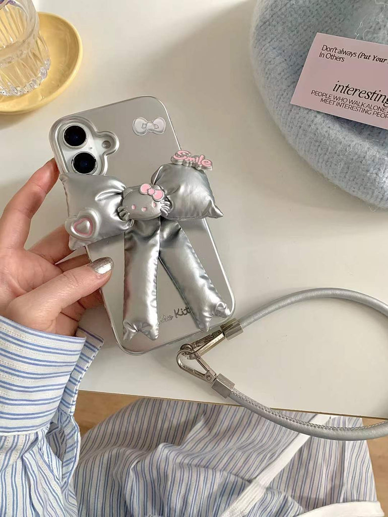 Kitty Bow Silicon Case For iPhone With String Holder
