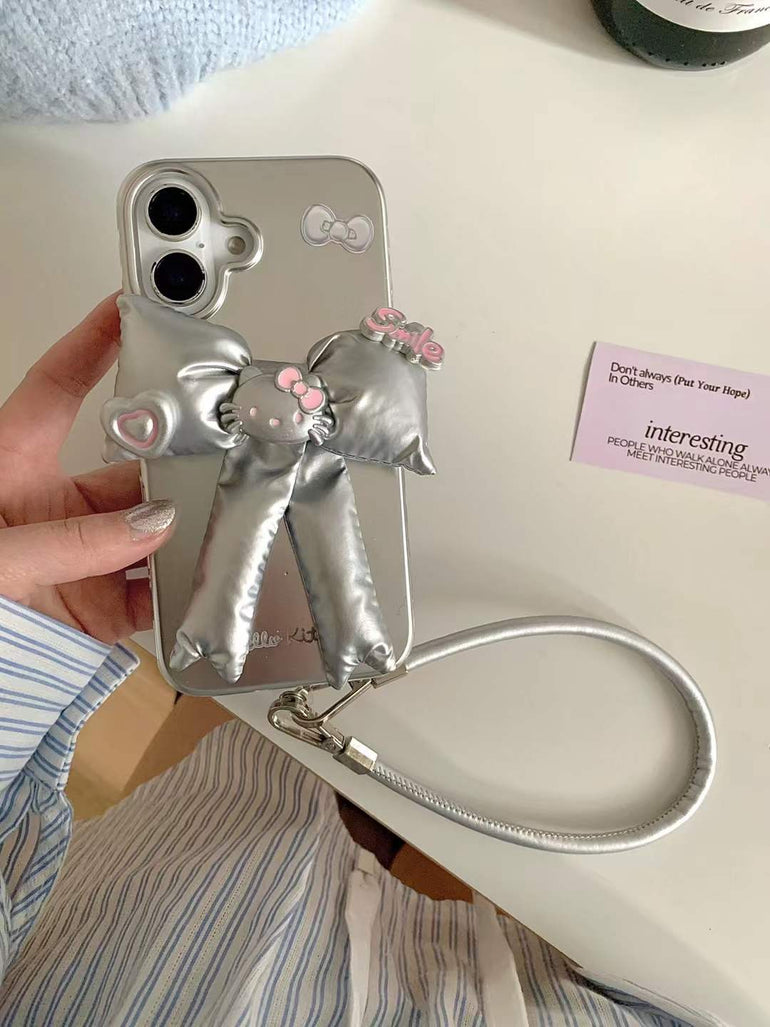 Kitty Bow Silicon Case For iPhone With String Holder