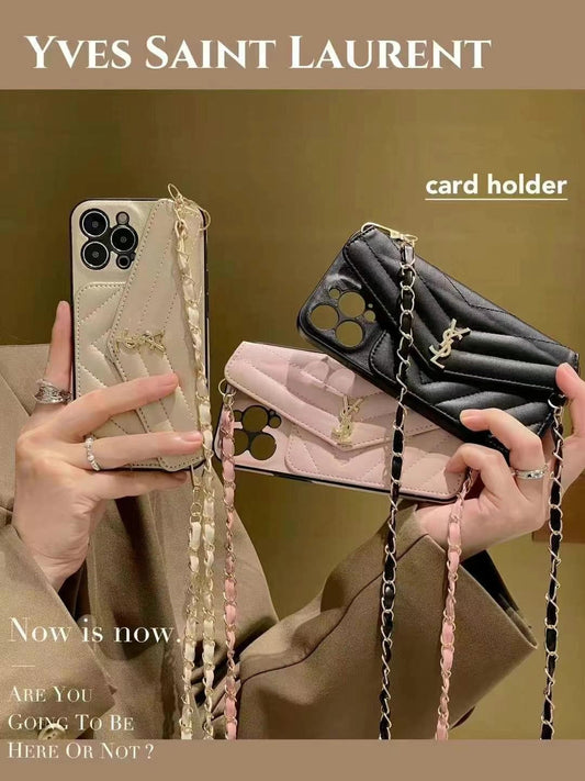 Luxury Branded Quilt Leather Case For iPhone With Sling Chain