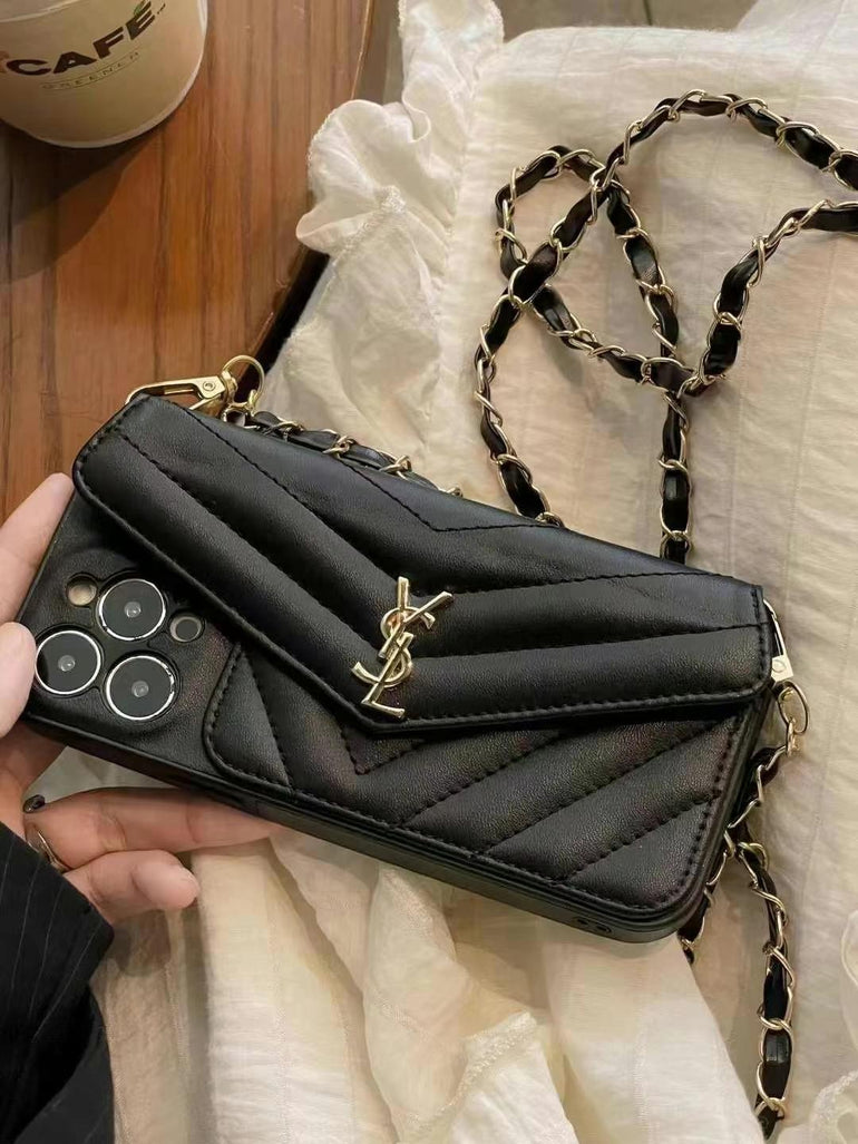 Luxury Branded Quilt Leather Case For iPhone With Sling Chain
