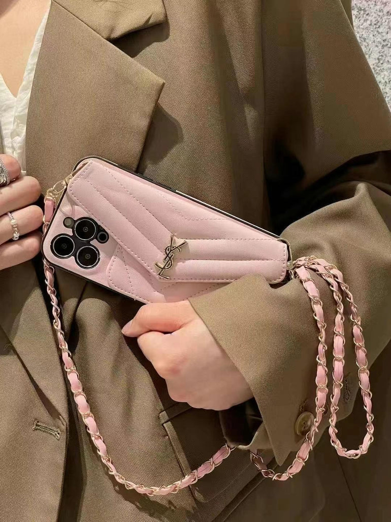 Luxury Branded Quilt Leather Case For iPhone With Sling Chain