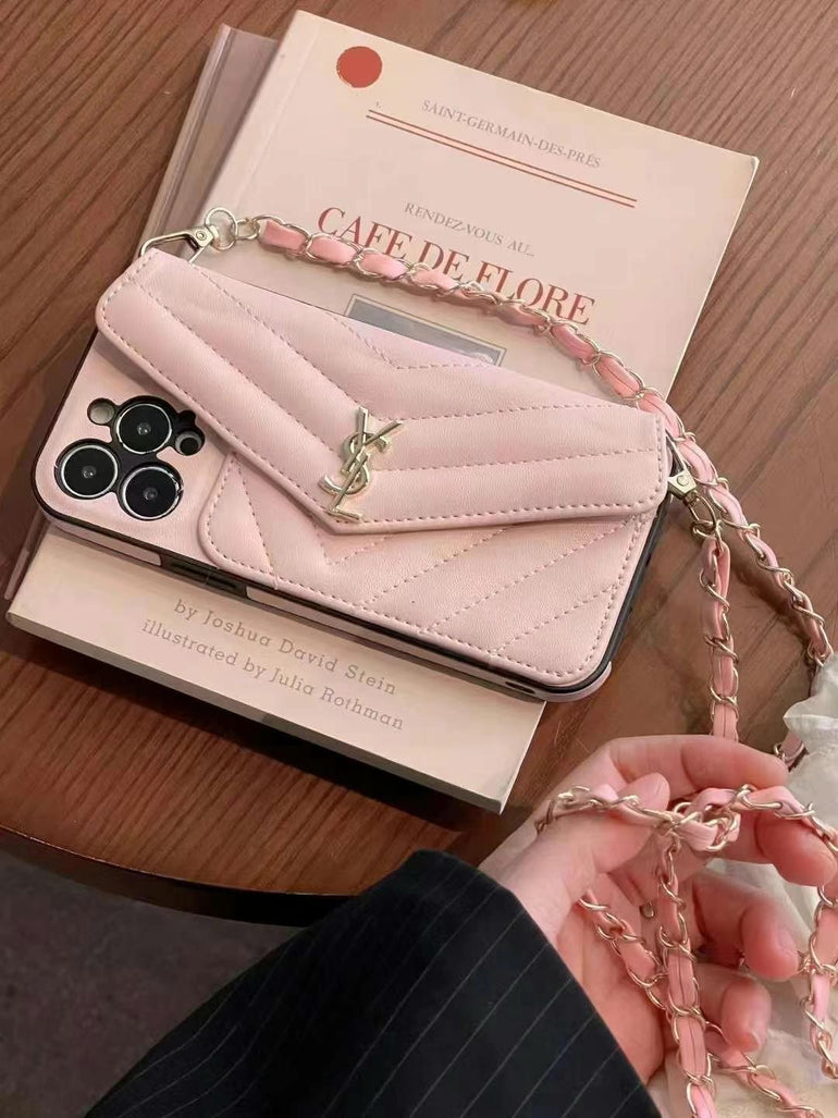 Luxury Branded Quilt Leather Case For iPhone With Sling Chain