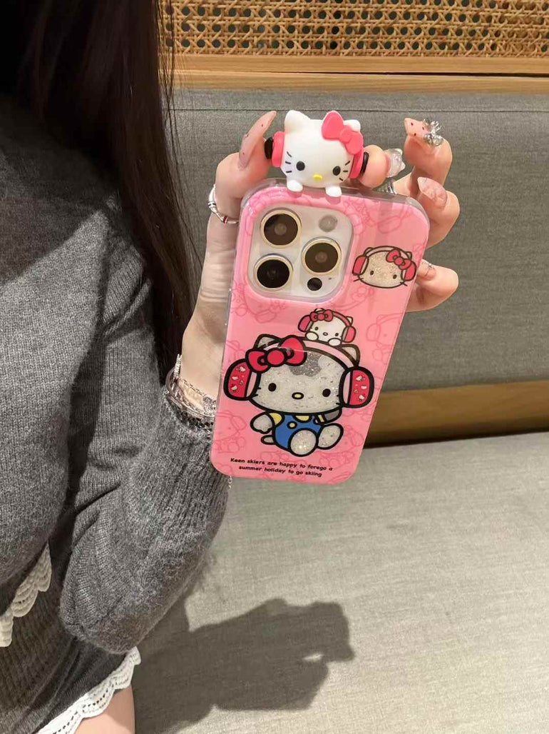 Kitty Using Headphones Silicon iPhone Case With Kitty Charm