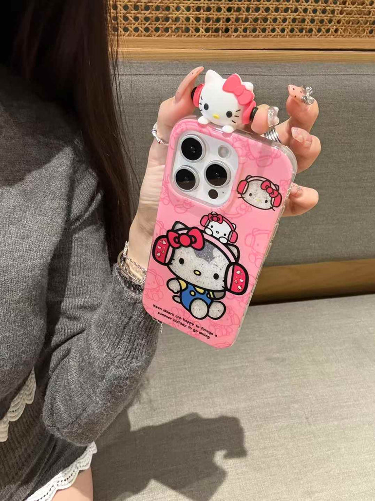 Kitty Using Headphones Silicon iPhone Case With Kitty Charm