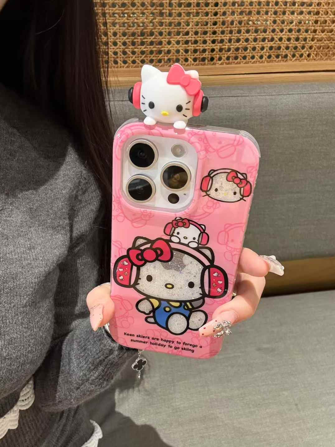 Kitty Using Headphones Silicon iPhone Case With Kitty Charm