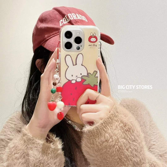 Bunny With Strawberry Silicon Case For iPhone With Strawberry Charm