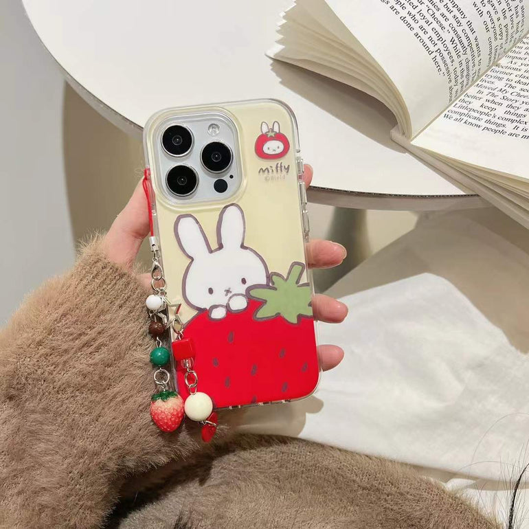 Bunny With Strawberry Silicon Case For iPhone With Strawberry Charm