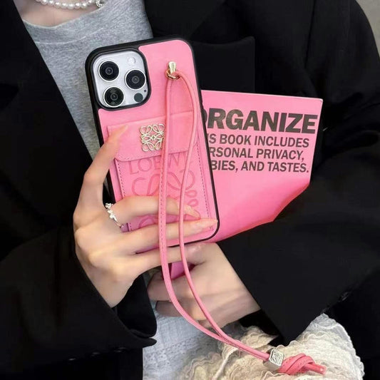 Luxury Branded Leather Wallet iPhone Case With String Holder