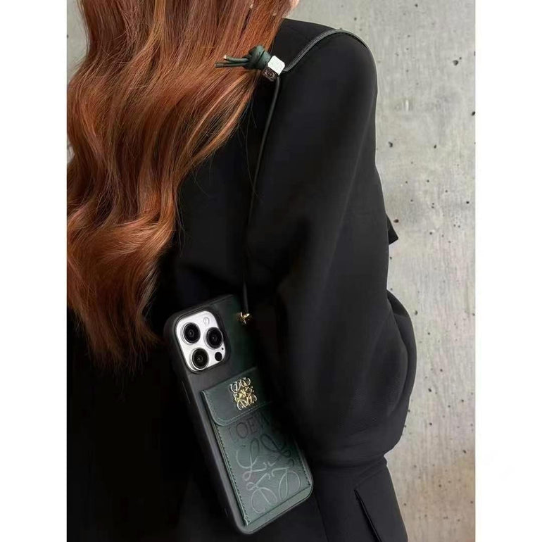 Luxury Branded Leather Wallet iPhone Case With String Holder