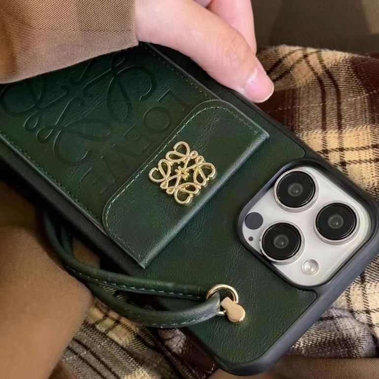 Luxury Branded Leather Wallet iPhone Case With String Holder