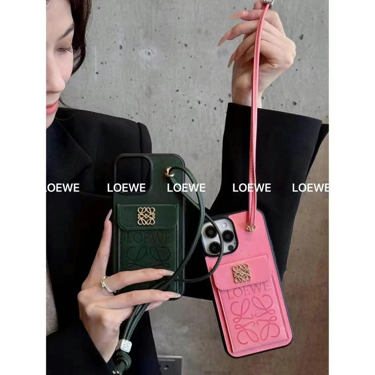 Luxury Branded Leather Wallet iPhone Case With String Holder