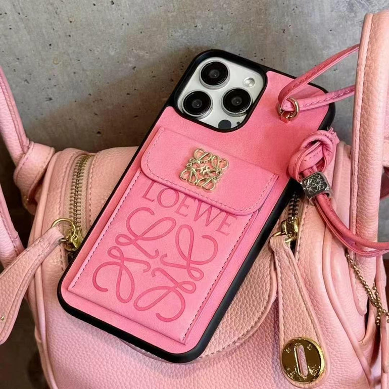 Luxury Branded Leather Wallet iPhone Case With String Holder