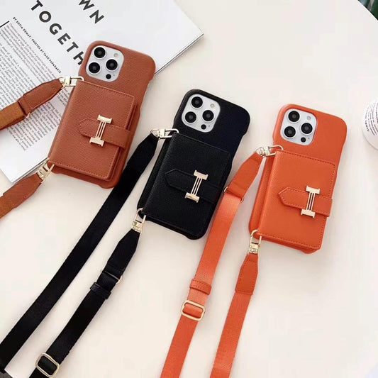 Luxury Branded Leather Wallet iPhone Case With Sling