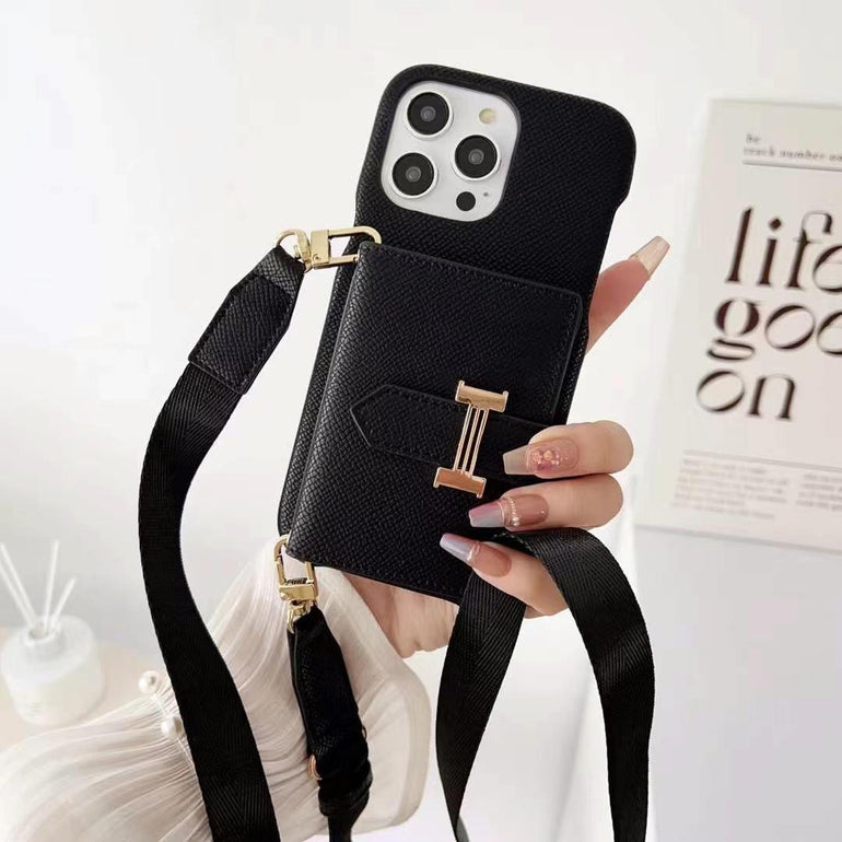 Luxury Branded Leather Wallet iPhone Case With Sling