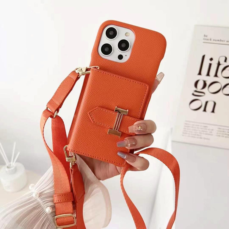 Luxury Branded Leather Wallet iPhone Case With Sling