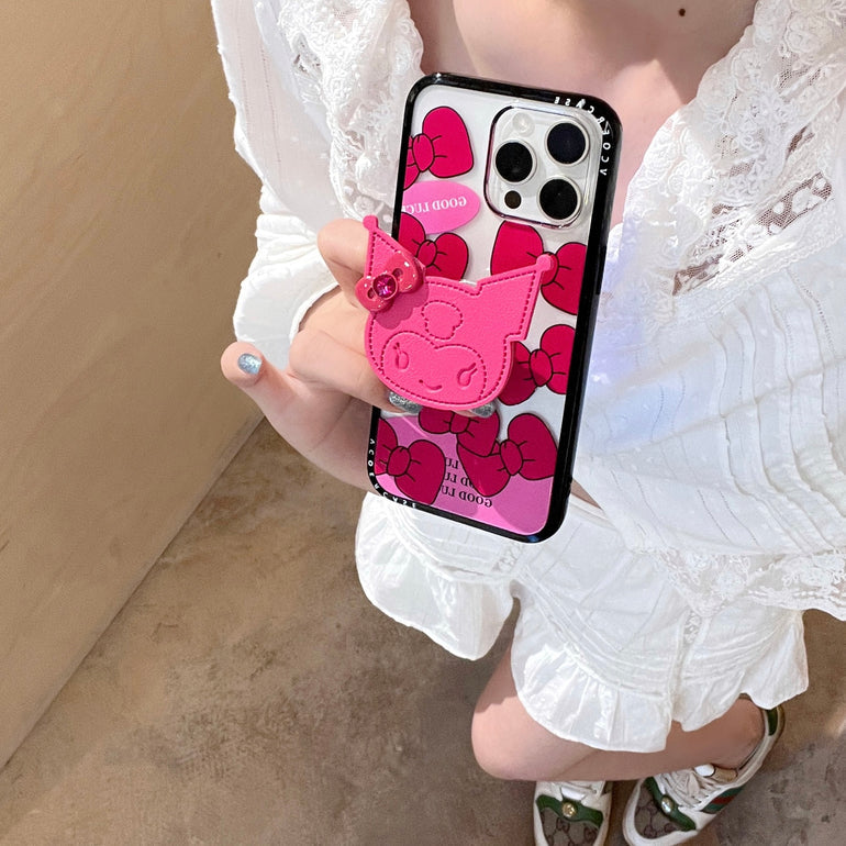 Pink Cartoon Charm iPhone Case – Good Luck Bow Design with 3D Cartoon Holder