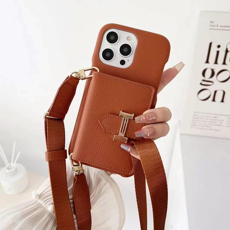 Luxury Branded Leather Wallet iPhone Case With Sling