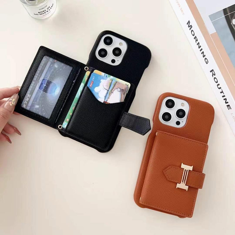 Luxury Branded Leather Wallet iPhone Case With Sling