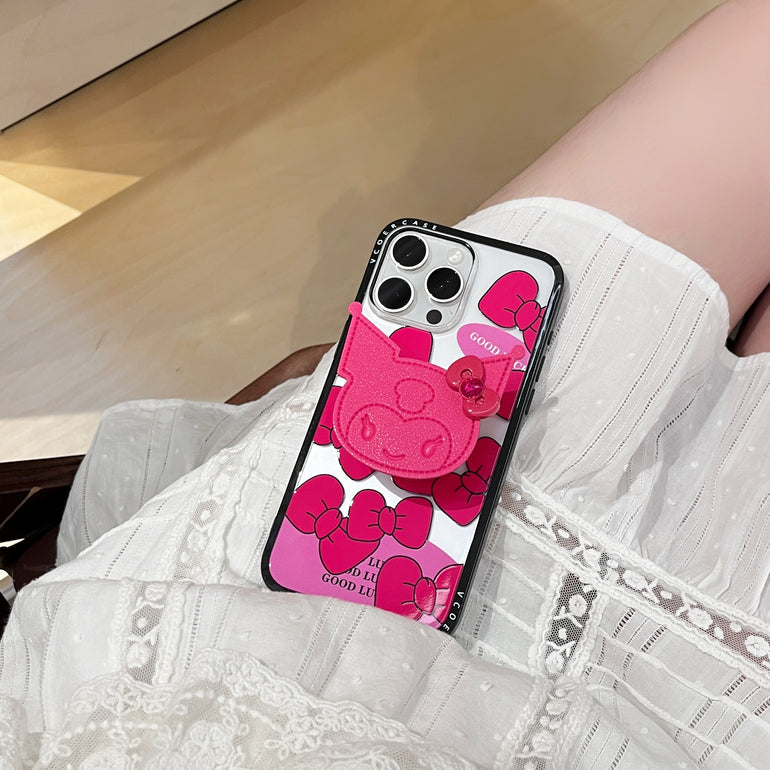 Pink Cartoon Charm iPhone Case – Good Luck Bow Design with 3D Cartoon Holder