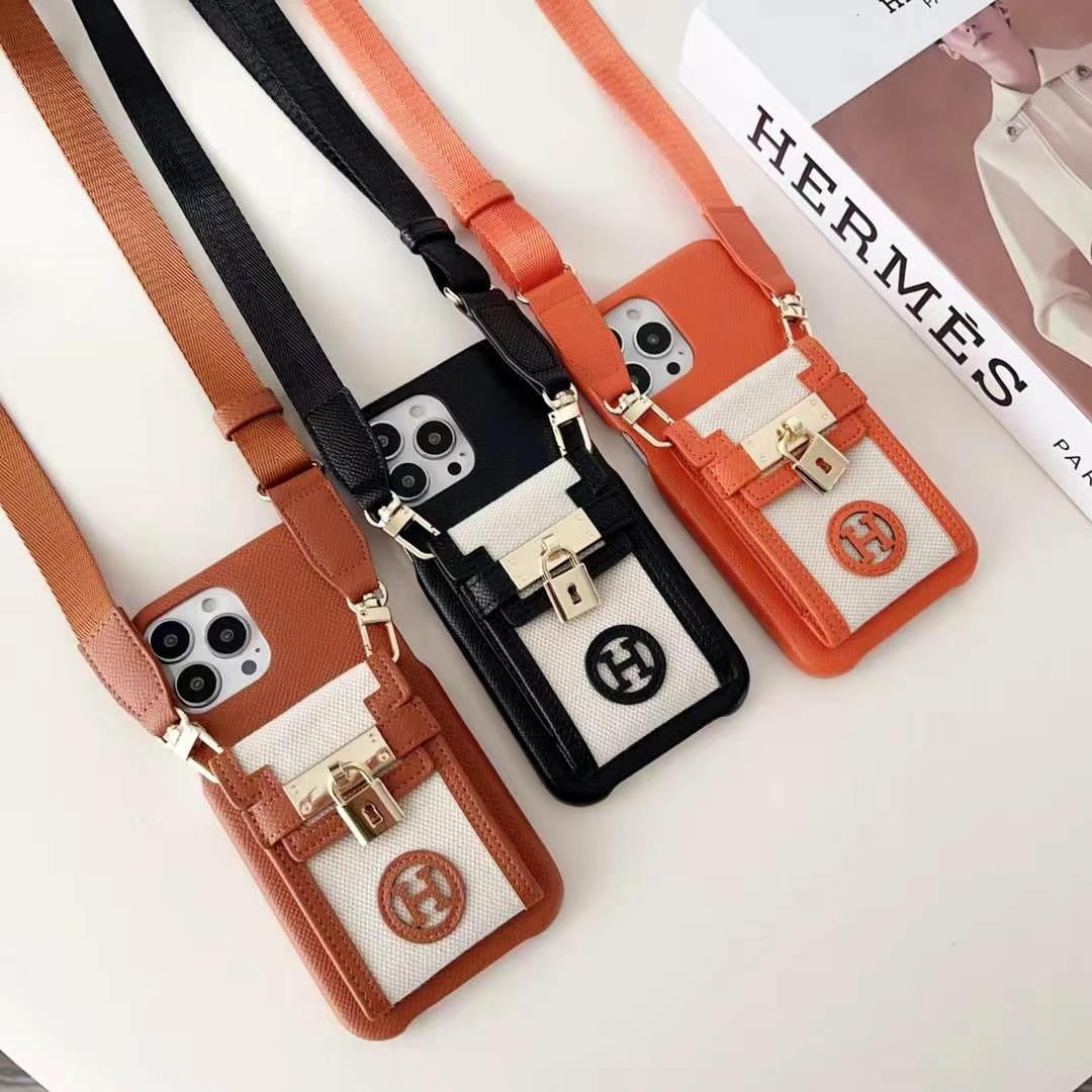 Luxury Branded Leather Locked Wallet Case For iPhone With Sling