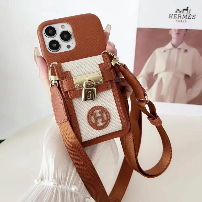 Luxury Branded Leather Locked Wallet Case For iPhone With Sling